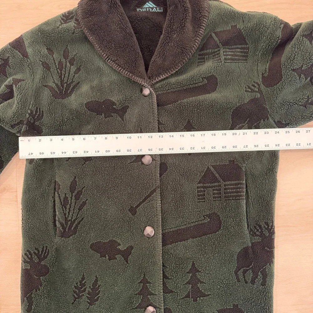 VTG! Denali Reversible Fleece Coat Cabin Print Shawl Collar Long Sleeve Green M - Picture 5 of 16